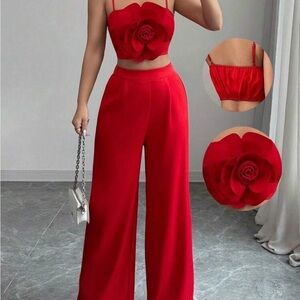 Worn once Red Floral Crop Top & Wide-Leg Pants Set
